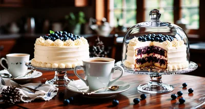 Two Blueberry Cakes With Coffee On A Wooden Table