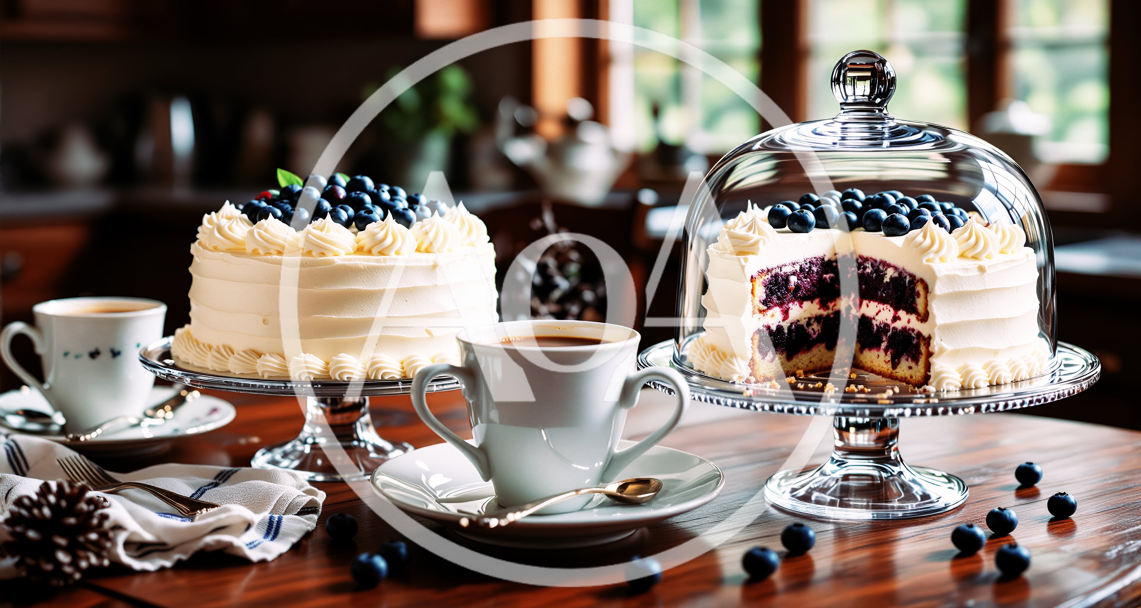 Two Blueberry Cakes With Coffee On A Wooden Table
