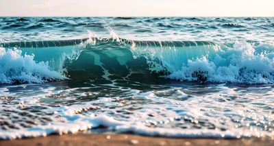 Clear Blue Ocean Wave Breaking On Sandy Shore
