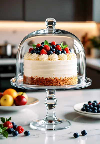 Berry Topped Cheesecake Under Glass Cake Dome