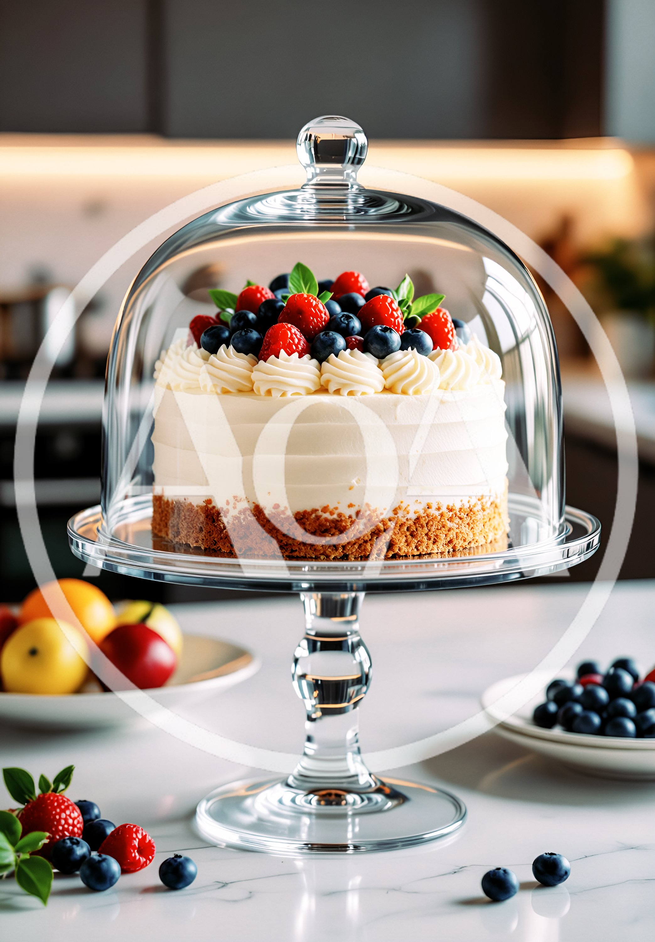 Berry Topped Cheesecake Under Glass Cake Dome