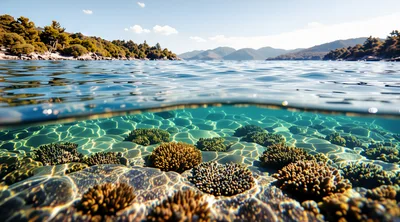 Split Level View Of Tropical Coral Reef And Mountains