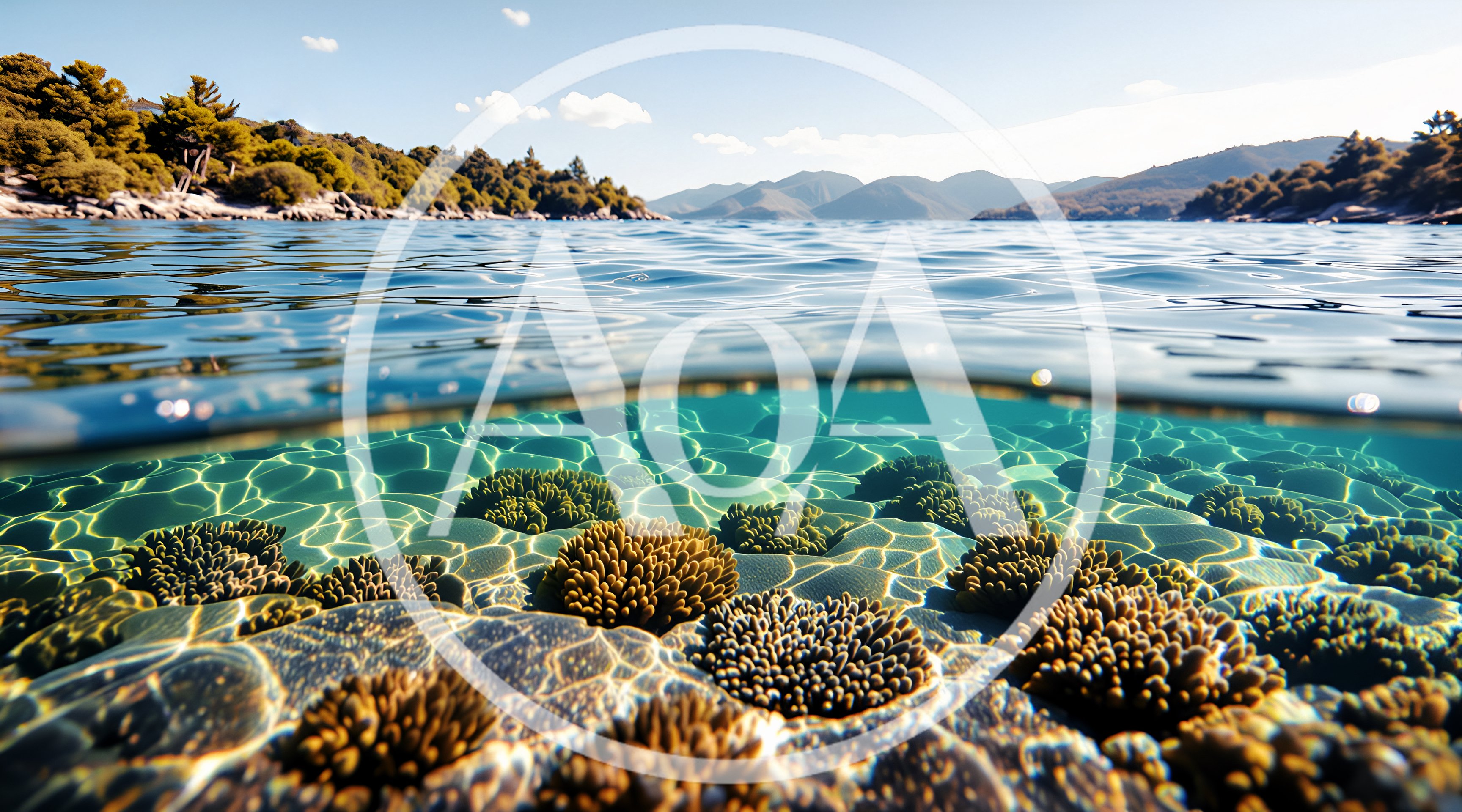 Split Level View Of Tropical Coral Reef And Mountains