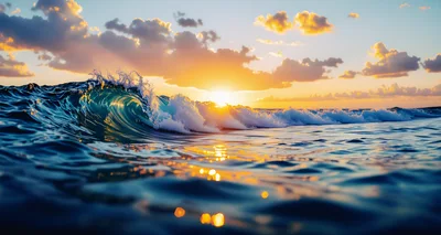 Ocean Wave Breaking At Sunset