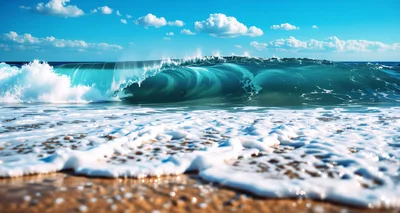 Powerful Ocean Wave Breaking On Sandy Beach