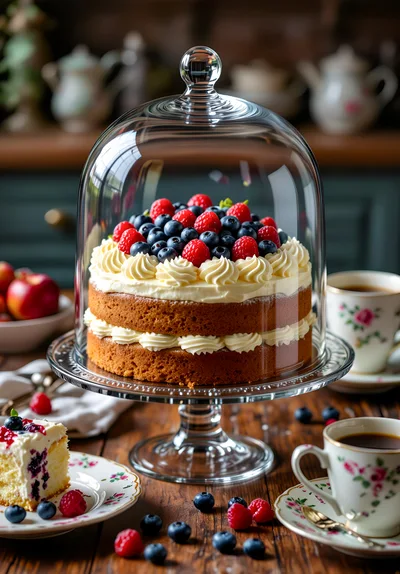 Layered Berry Sponge Cake Under Glass Dome
