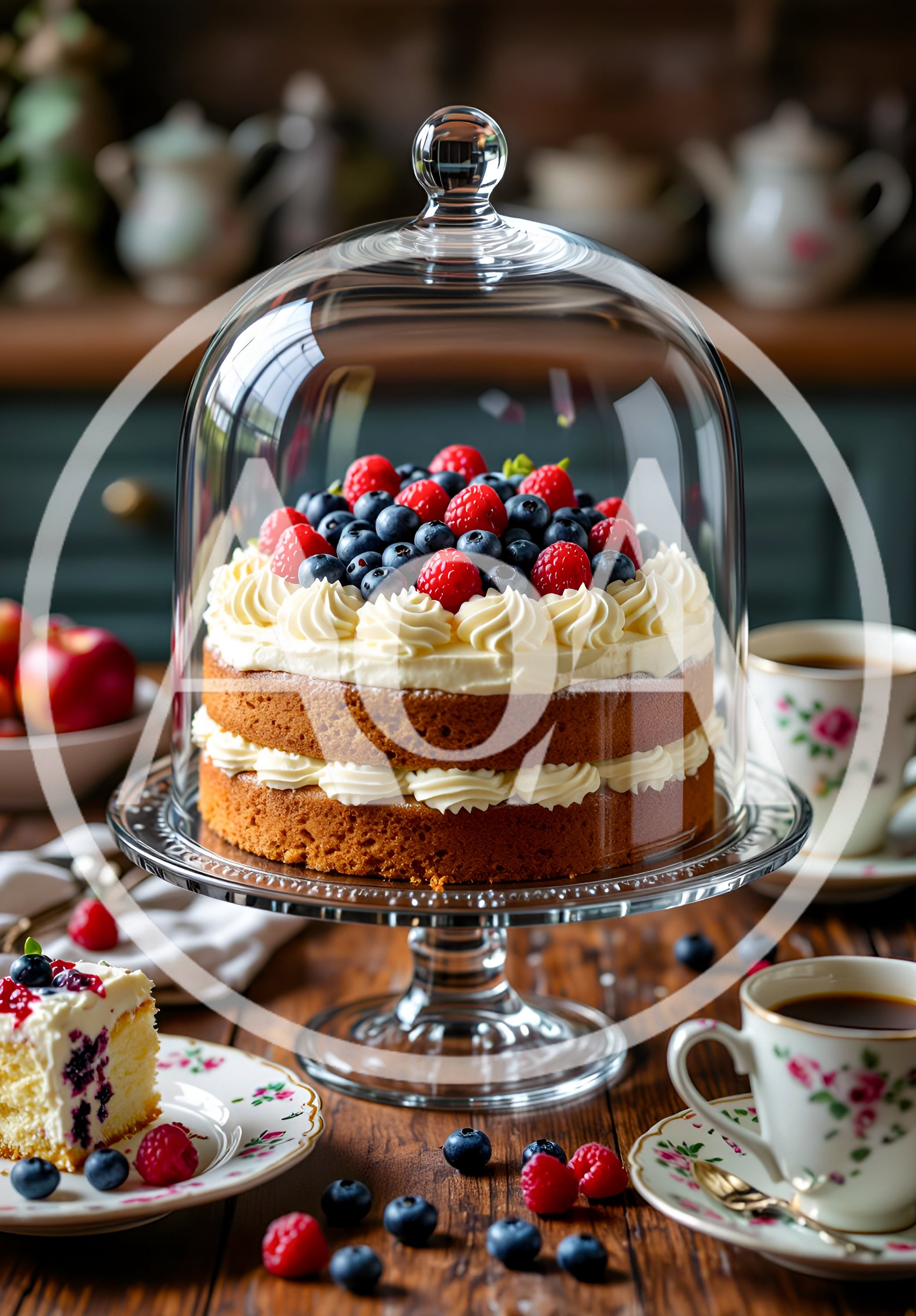 Layered Berry Sponge Cake Under Glass Dome