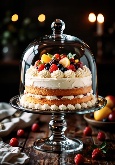 Layered Fruit Cake Under Glass Dome