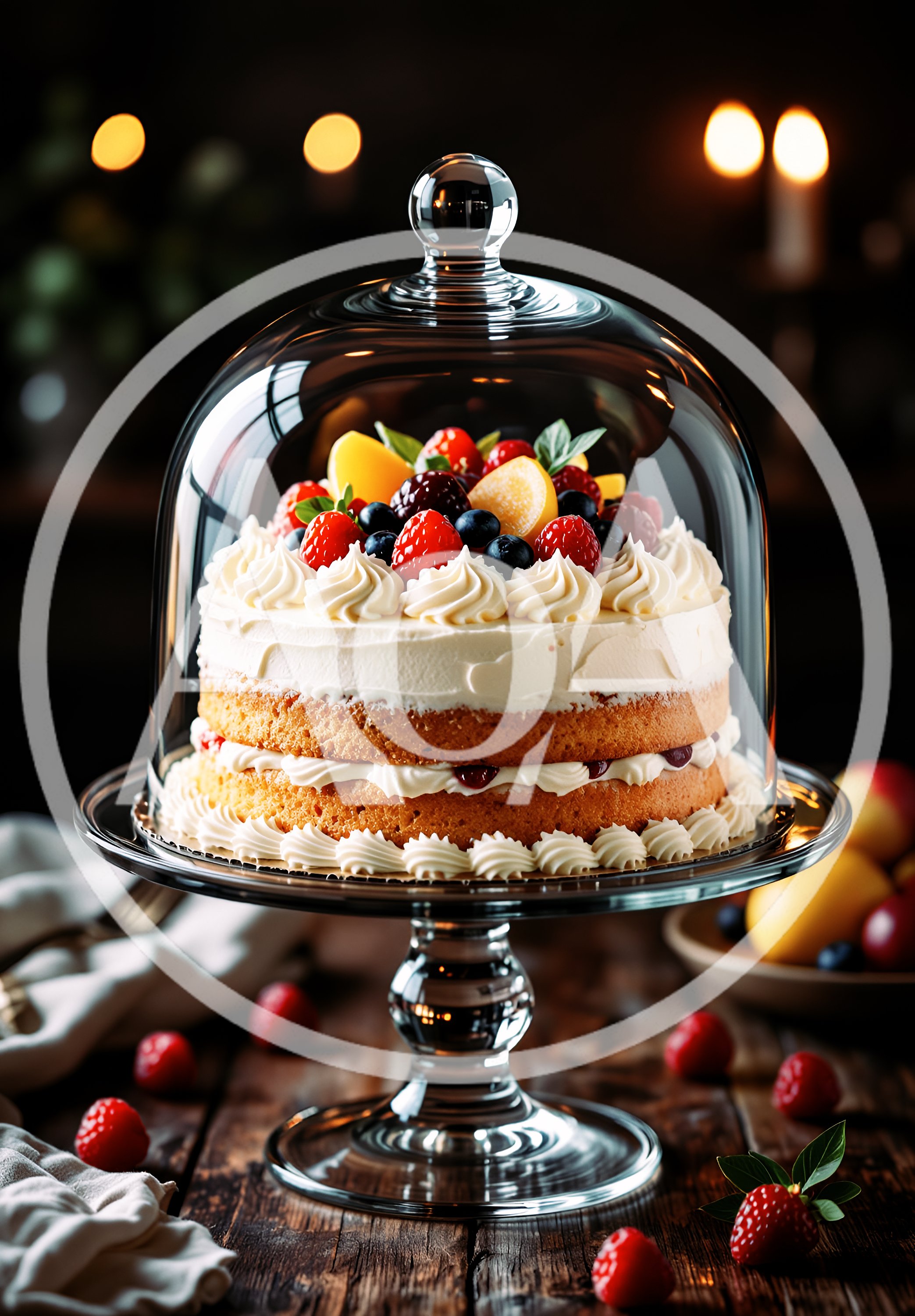 Layered Fruit Cake Under Glass Dome