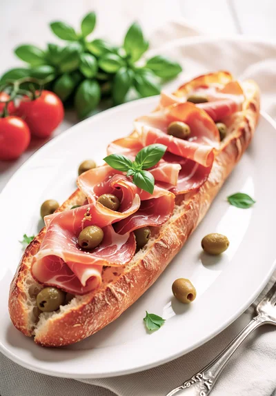 Prosciutto And Olive Baguette Sandwich On A Platter
