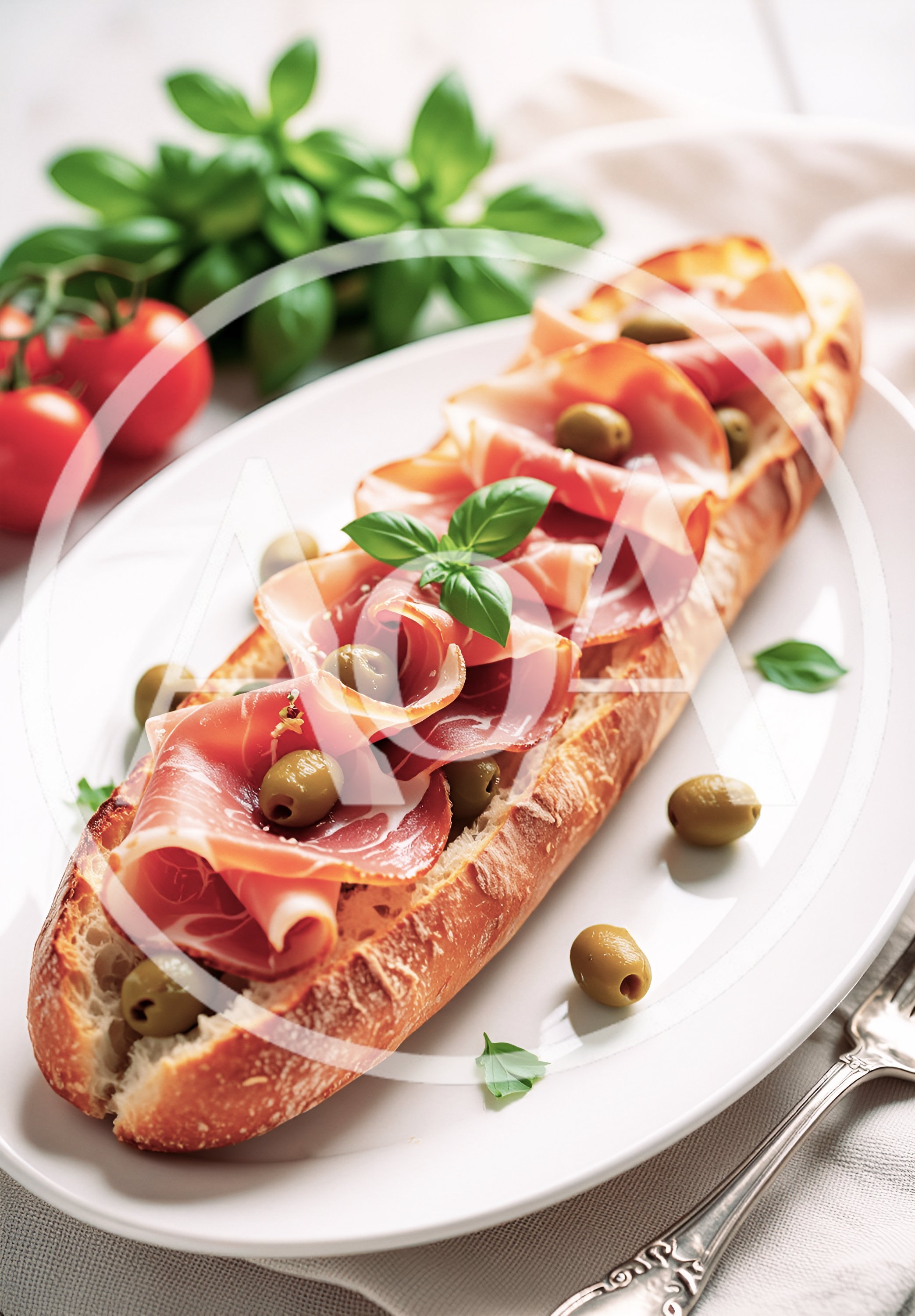 Prosciutto And Olive Baguette Sandwich On A Platter
