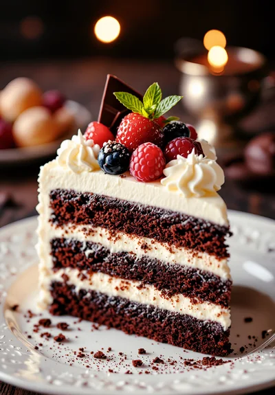 Slice Of Decadent Chocolate Layer Cake With Berries