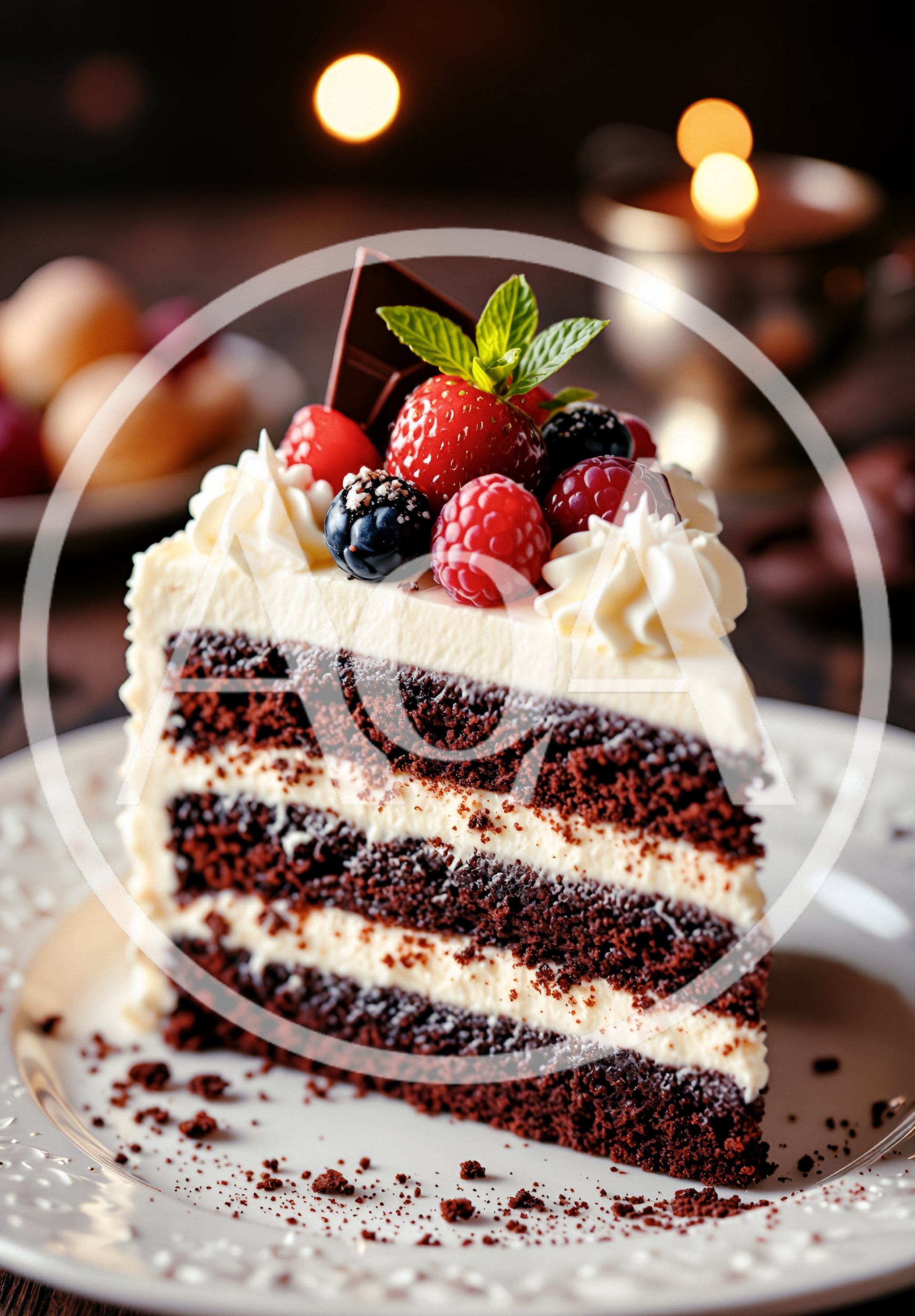 Slice Of Decadent Chocolate Layer Cake With Berries