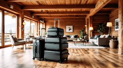 Black Luggage Set Standing in Luxury Wooden Cabin