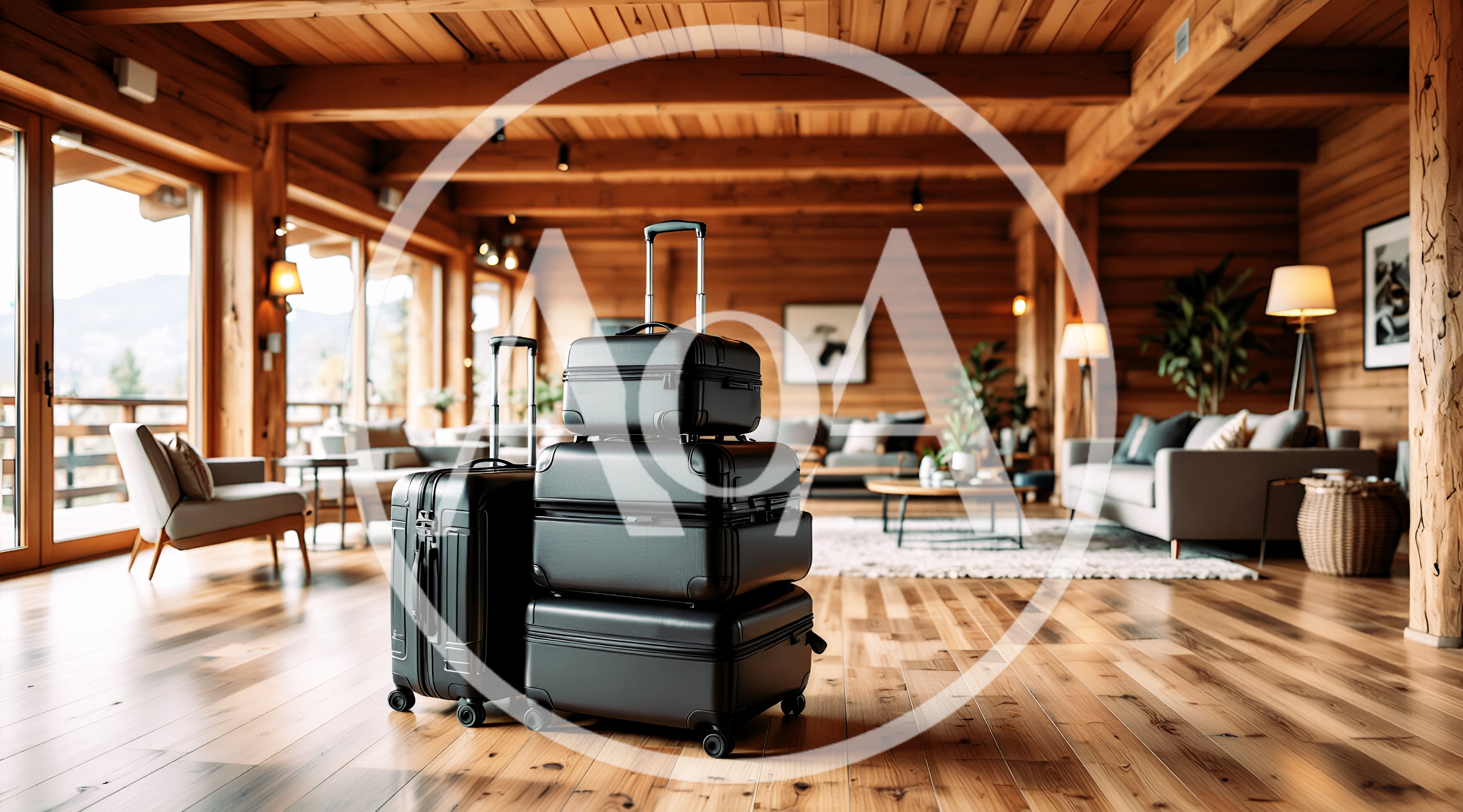 Black Luggage Set Standing in Luxury Wooden Cabin