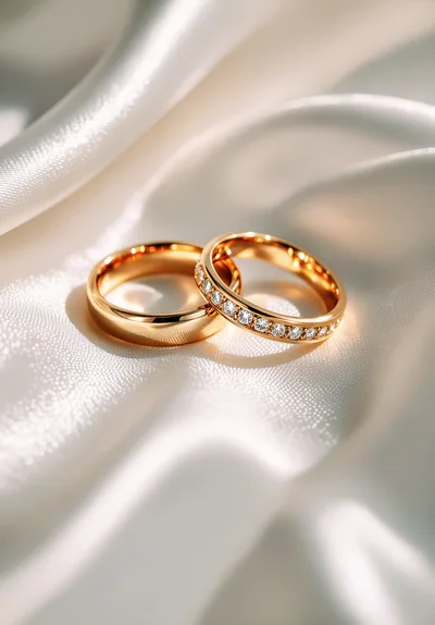 Two Gold Wedding Rings On White Silk Fabric
