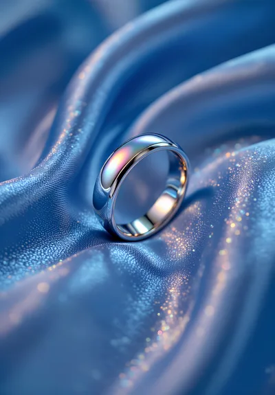 Silver Wedding Ring Resting On Blue Silk Fabric