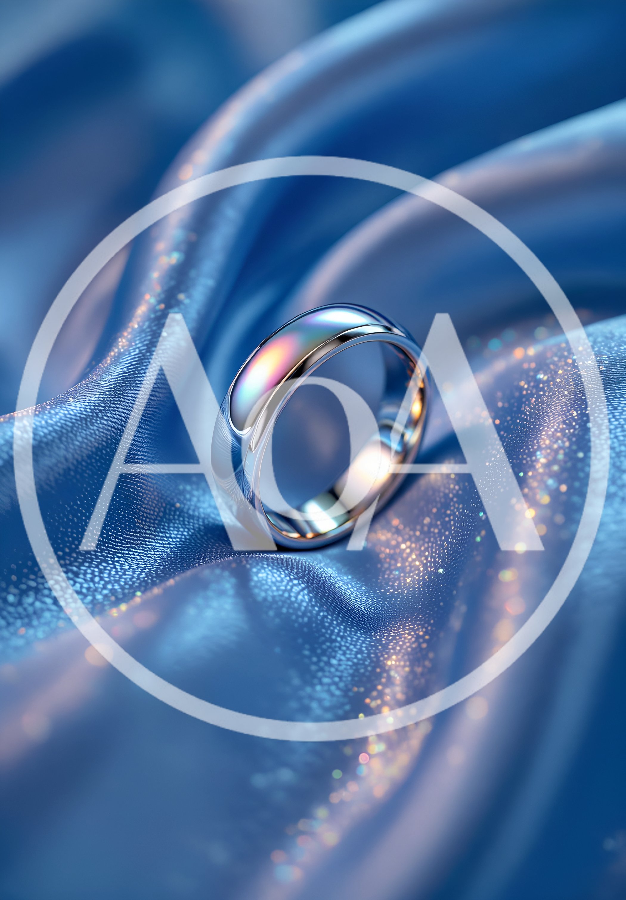 Silver Wedding Ring Resting On Blue Silk Fabric