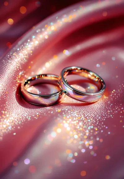 Two Wedding Rings Resting On Pink Satin Fabric