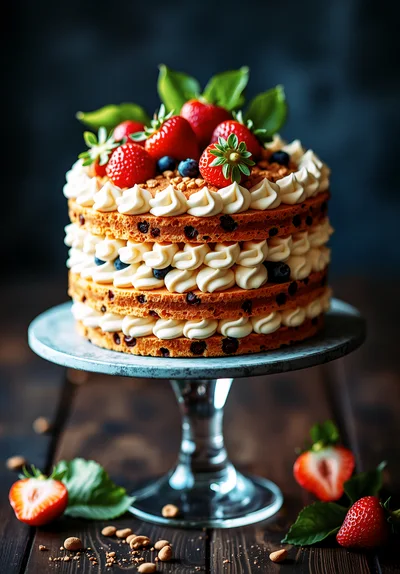 Layered Strawberry And Blueberry Cake On A Pedestal
