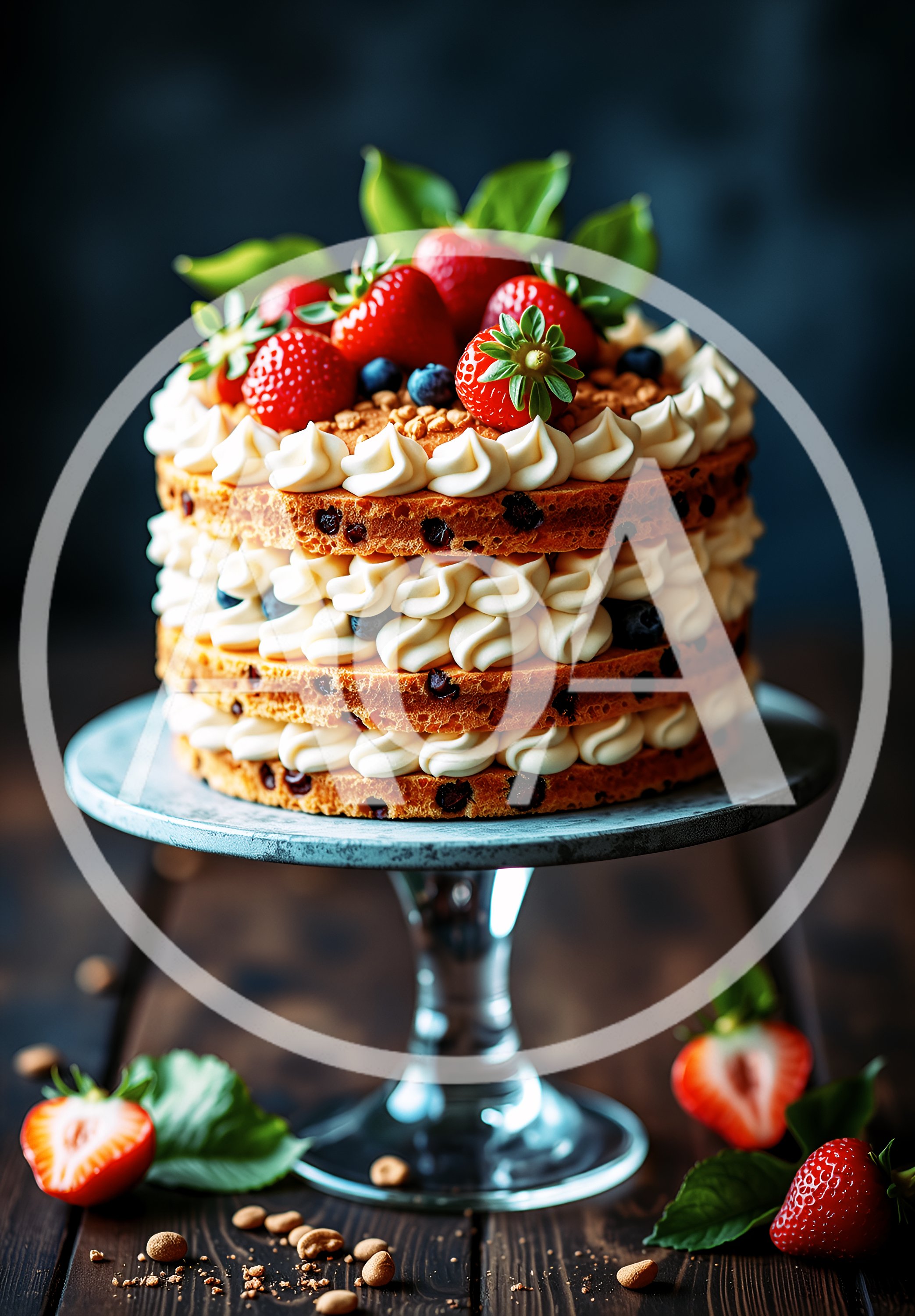 Layered Strawberry And Blueberry Cake On A Pedestal