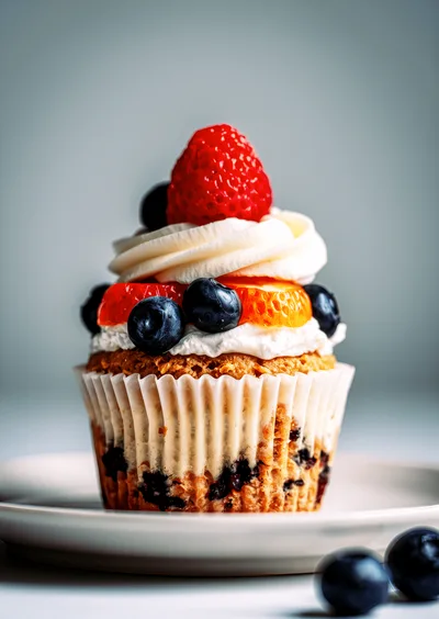 Gourmet Fruit Topped Cupcake On A White Plate