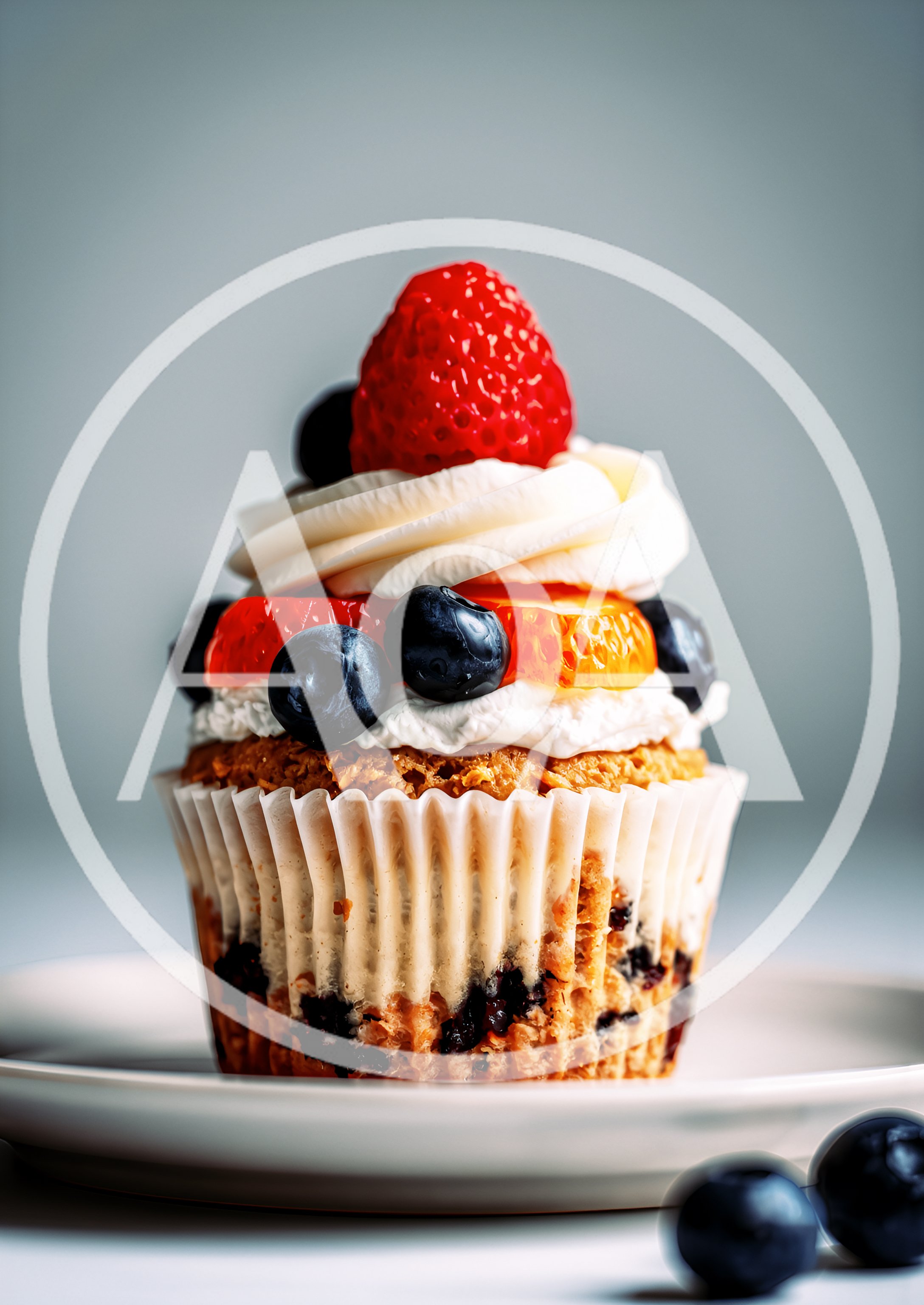 Gourmet Fruit Topped Cupcake On A White Plate