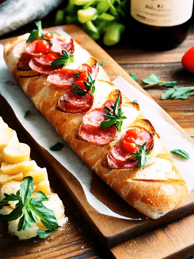 Gourmet Salami Baguette Sandwich on Wooden Board