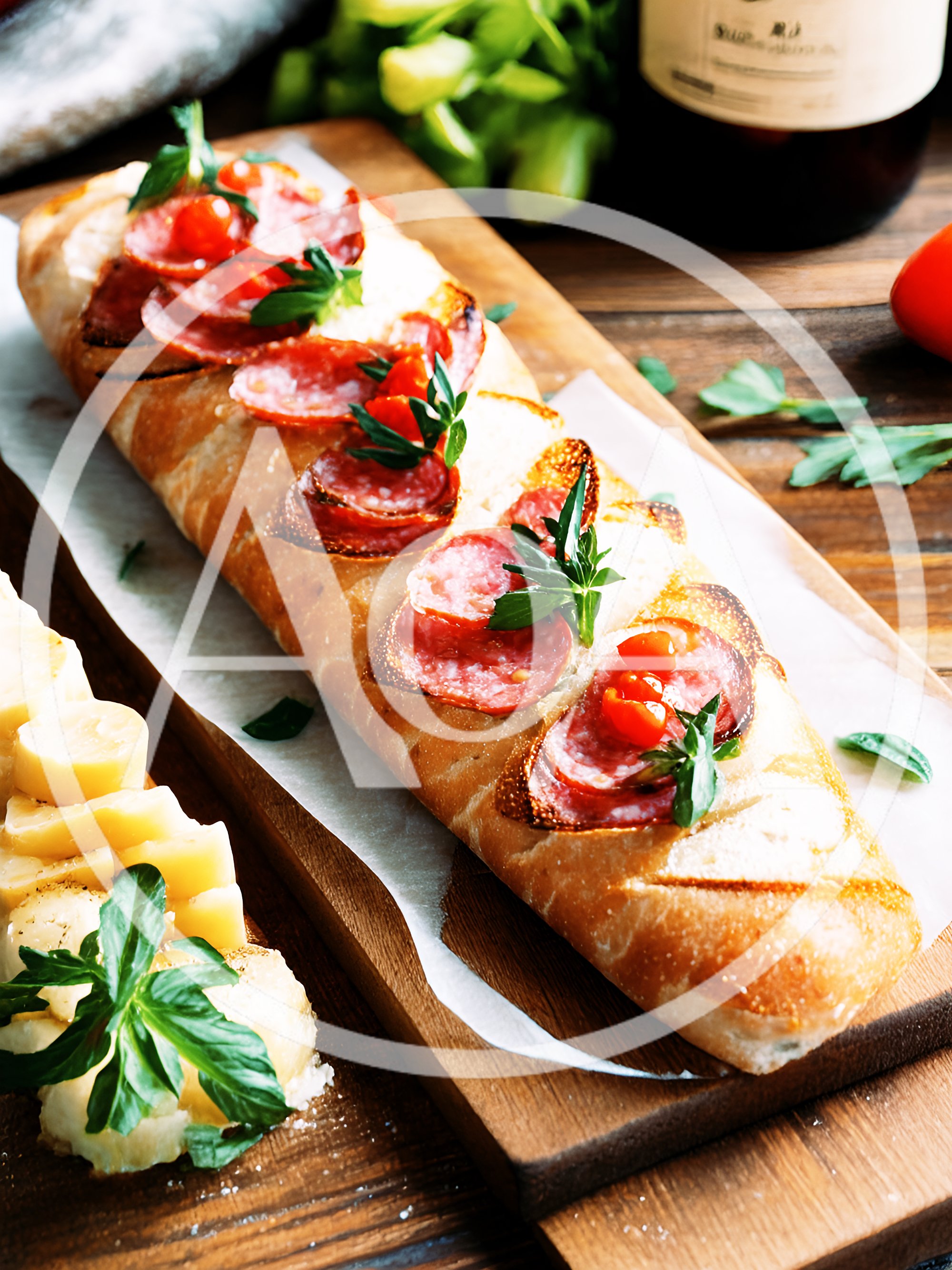 Gourmet Salami Baguette Sandwich on Wooden Board