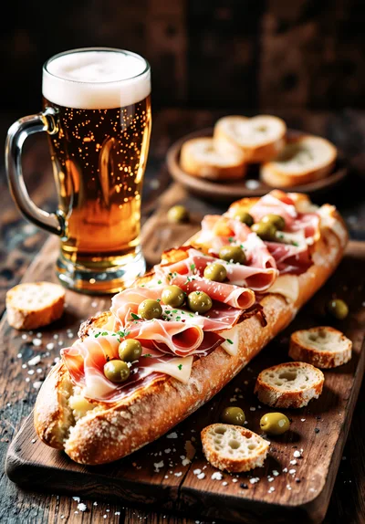 Baguette Sandwich With Prosciutto And Olives Beside Beer