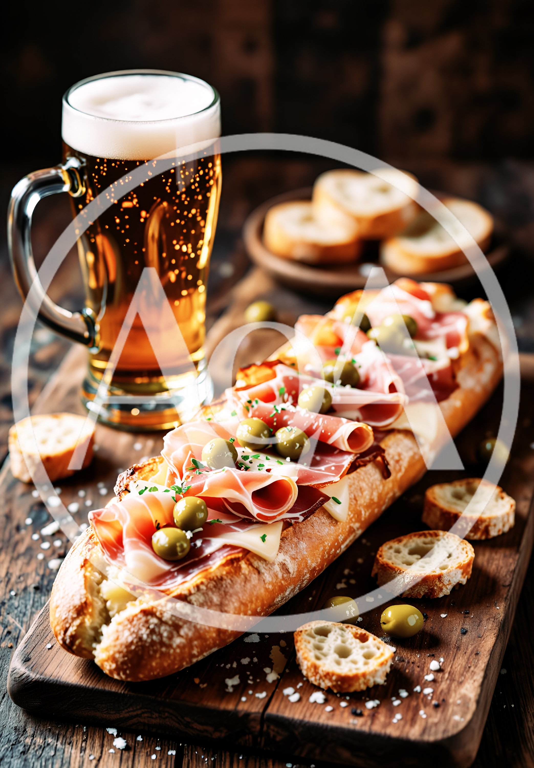 Baguette Sandwich With Prosciutto And Olives Beside Beer