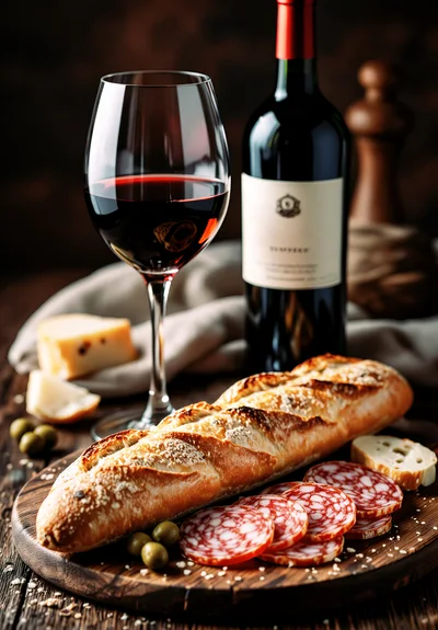 Red Wine And Charcuterie Board With Baguette