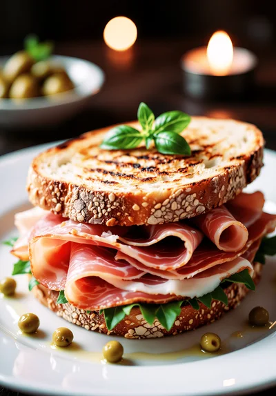 Gourmet Prosciutto Sandwich With Fresh Basil And Olives