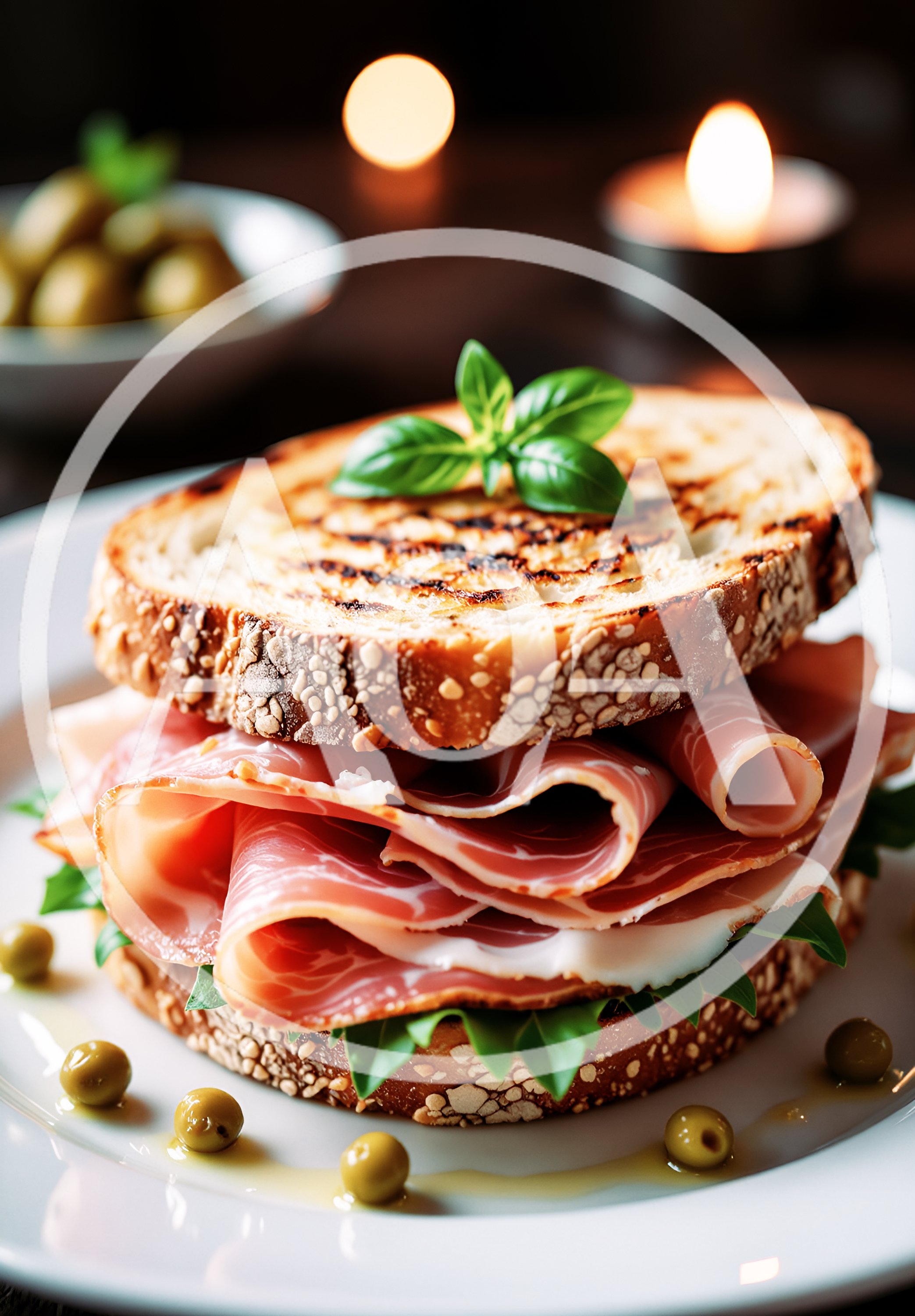 Gourmet Prosciutto Sandwich With Fresh Basil And Olives