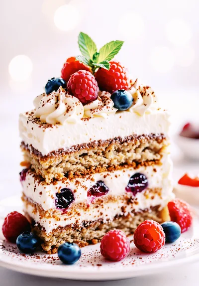 Slice Of Layered Berry Cake With Cream