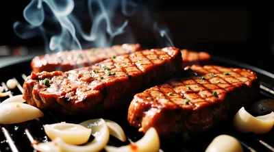 Grilled Steaks Sizzling on a Hot Barbecue Grill
