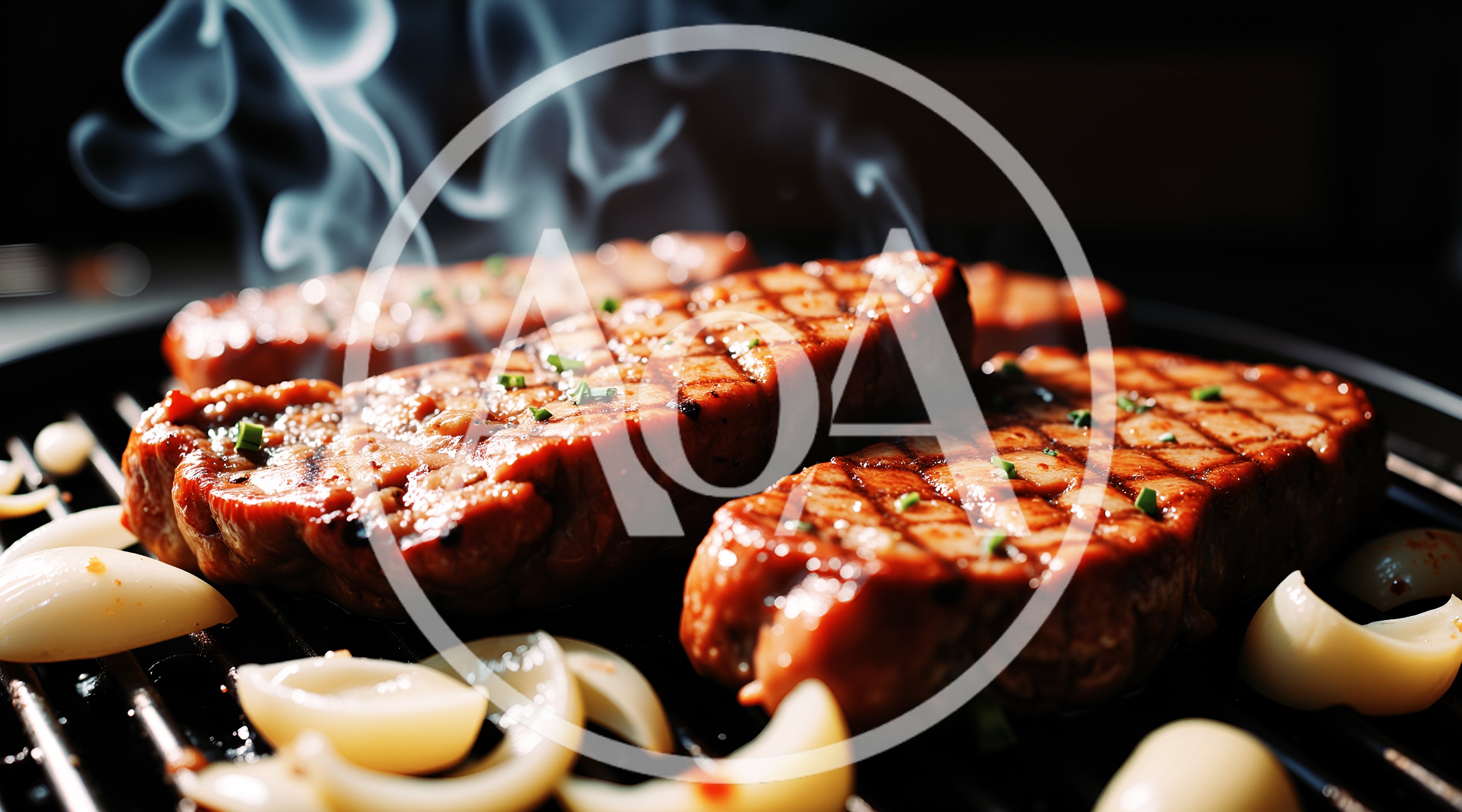 Grilled Steaks Sizzling on a Hot Barbecue Grill