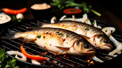 Two Fresh Fish Grilling On A Charcoal Barbecue
