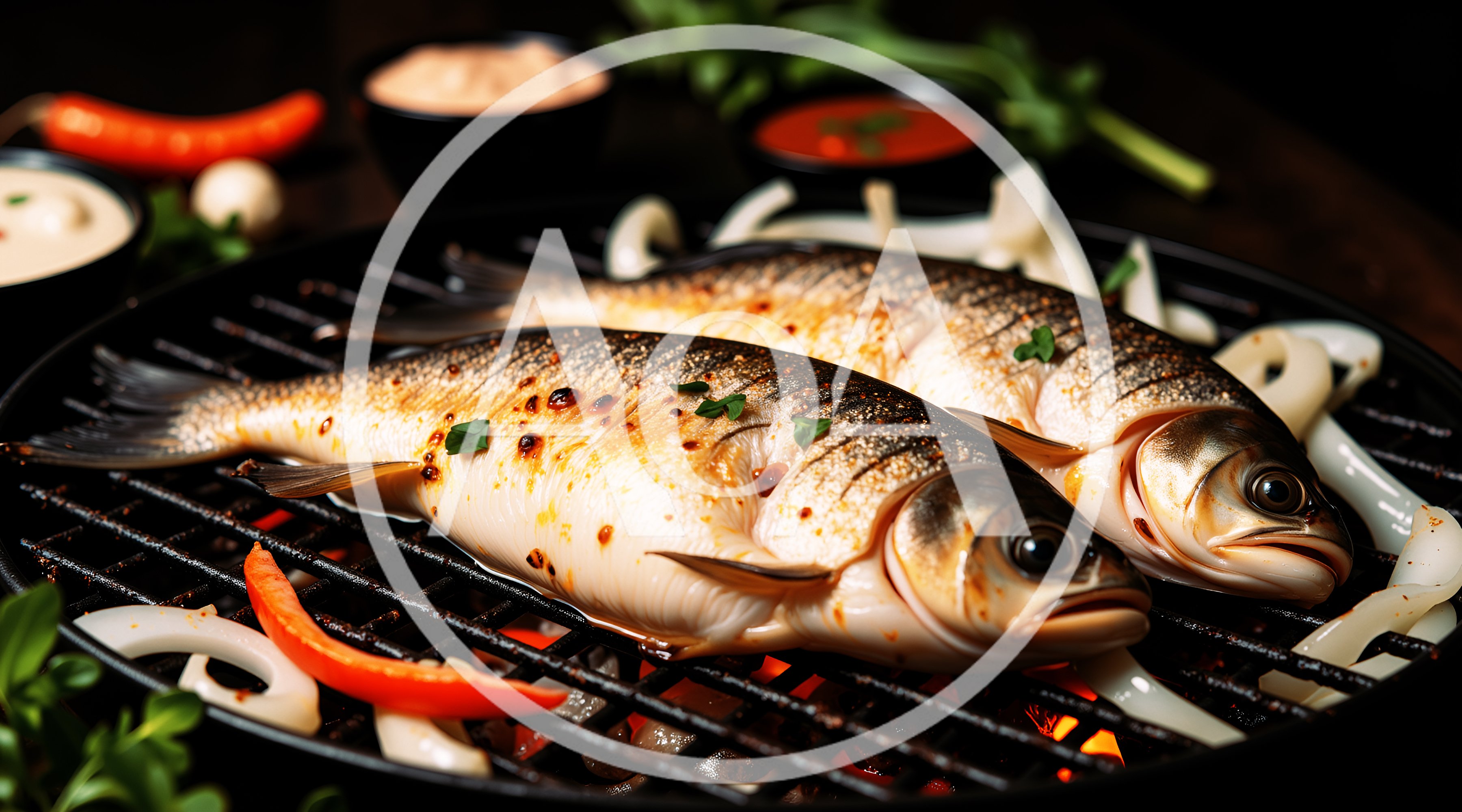 Two Fresh Fish Grilling On A Charcoal Barbecue