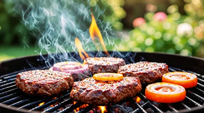 Juicy Beef Burger Patties Grilling Over Open Flames