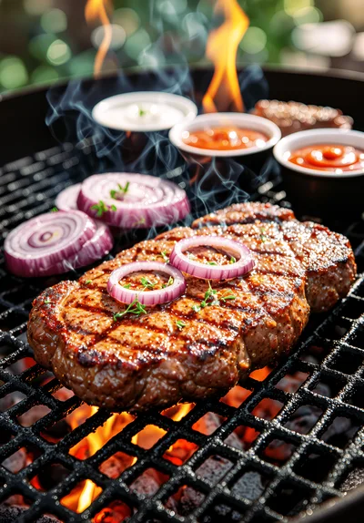 Grilled Beef Steak With Red Onion Rings On Barbecue
