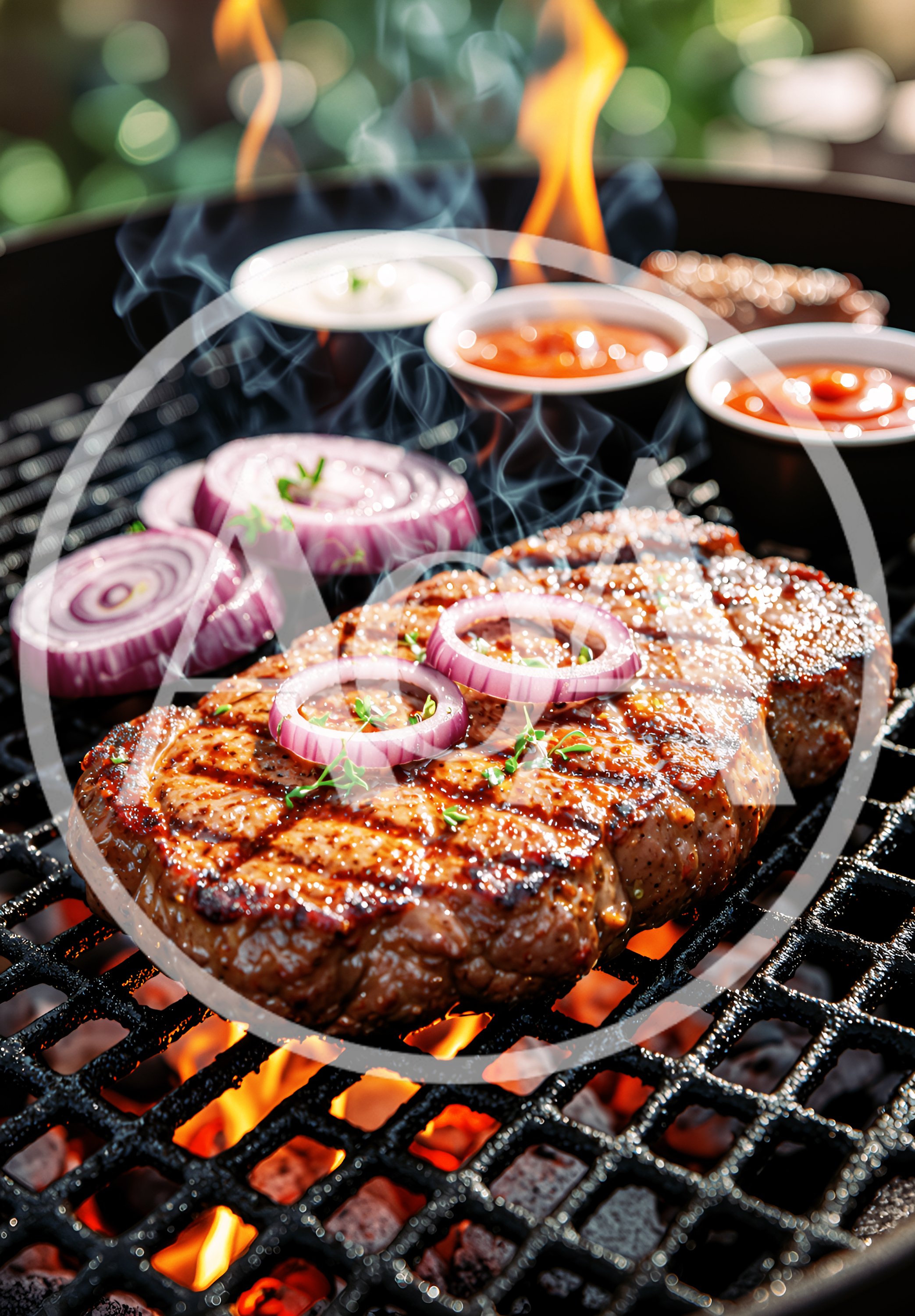 Grilled Beef Steak With Red Onion Rings On Barbecue