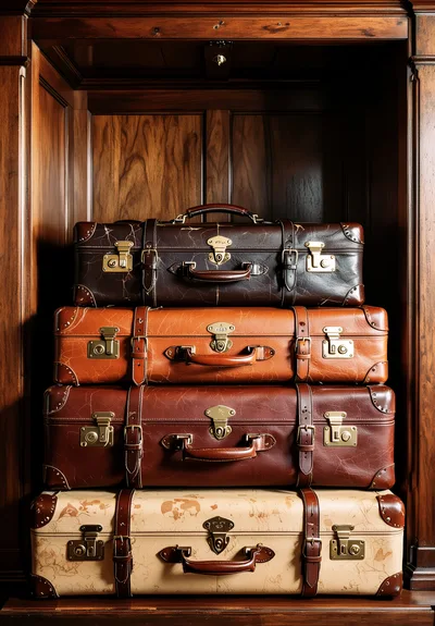 Stack Of Vintage Leather Suitcases In Wooden Cabinet