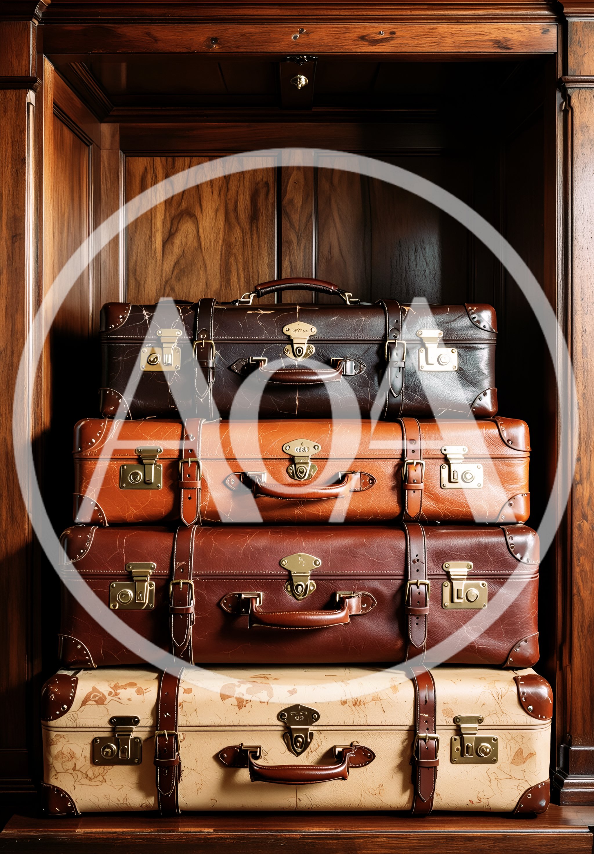 Stack Of Vintage Leather Suitcases In Wooden Cabinet