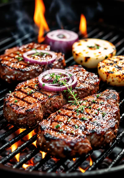 Grilled Beef Steaks With Red Onion And Herbs