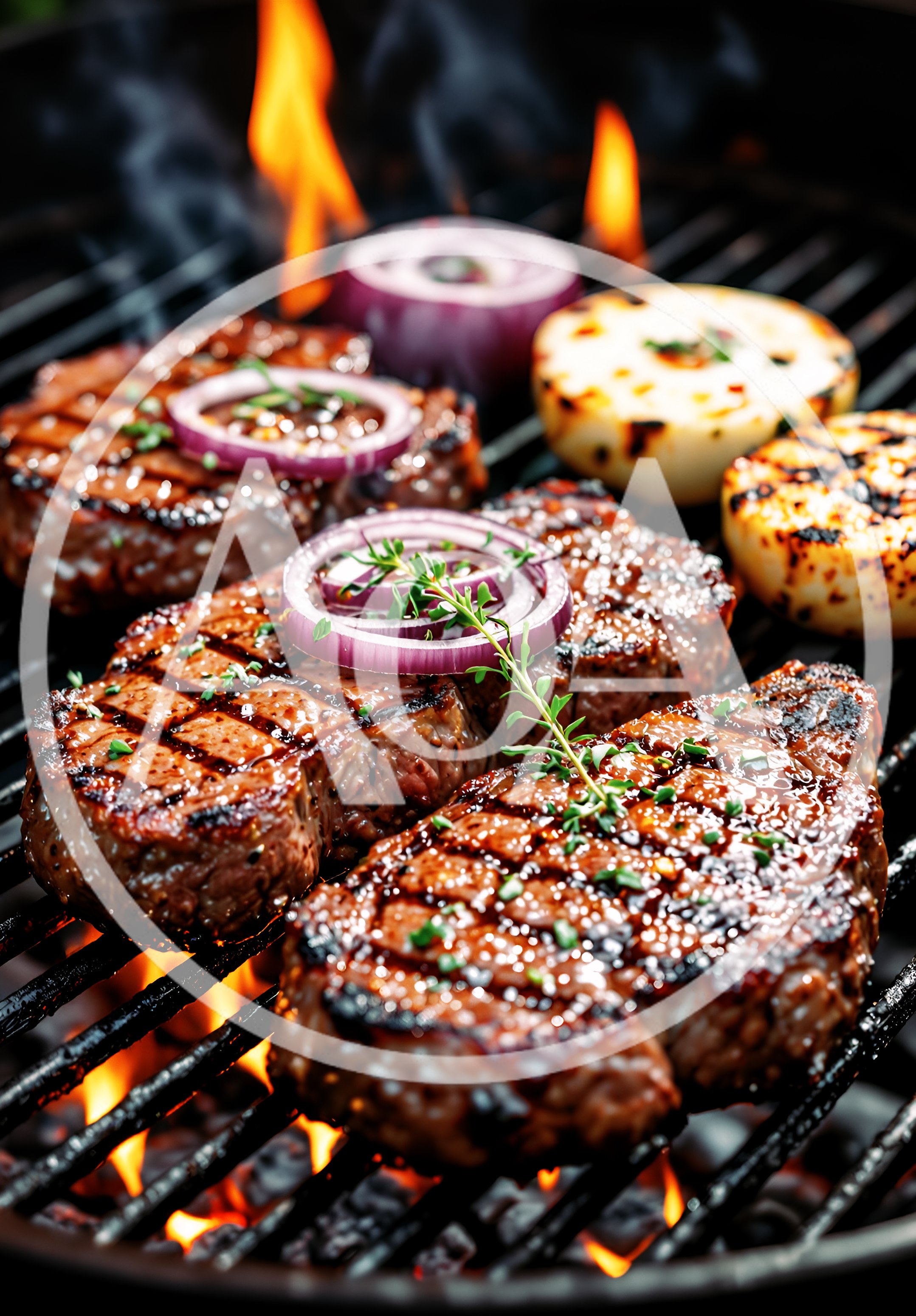 Grilled Beef Steaks With Red Onion And Herbs