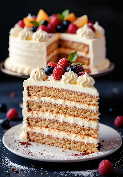 Slice Of Layered Fruit Cake On A Plate
