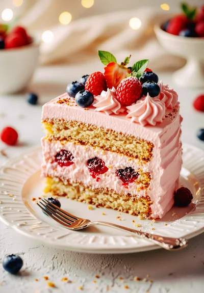 Slice Of Pink Berry Layer Cake On Plate