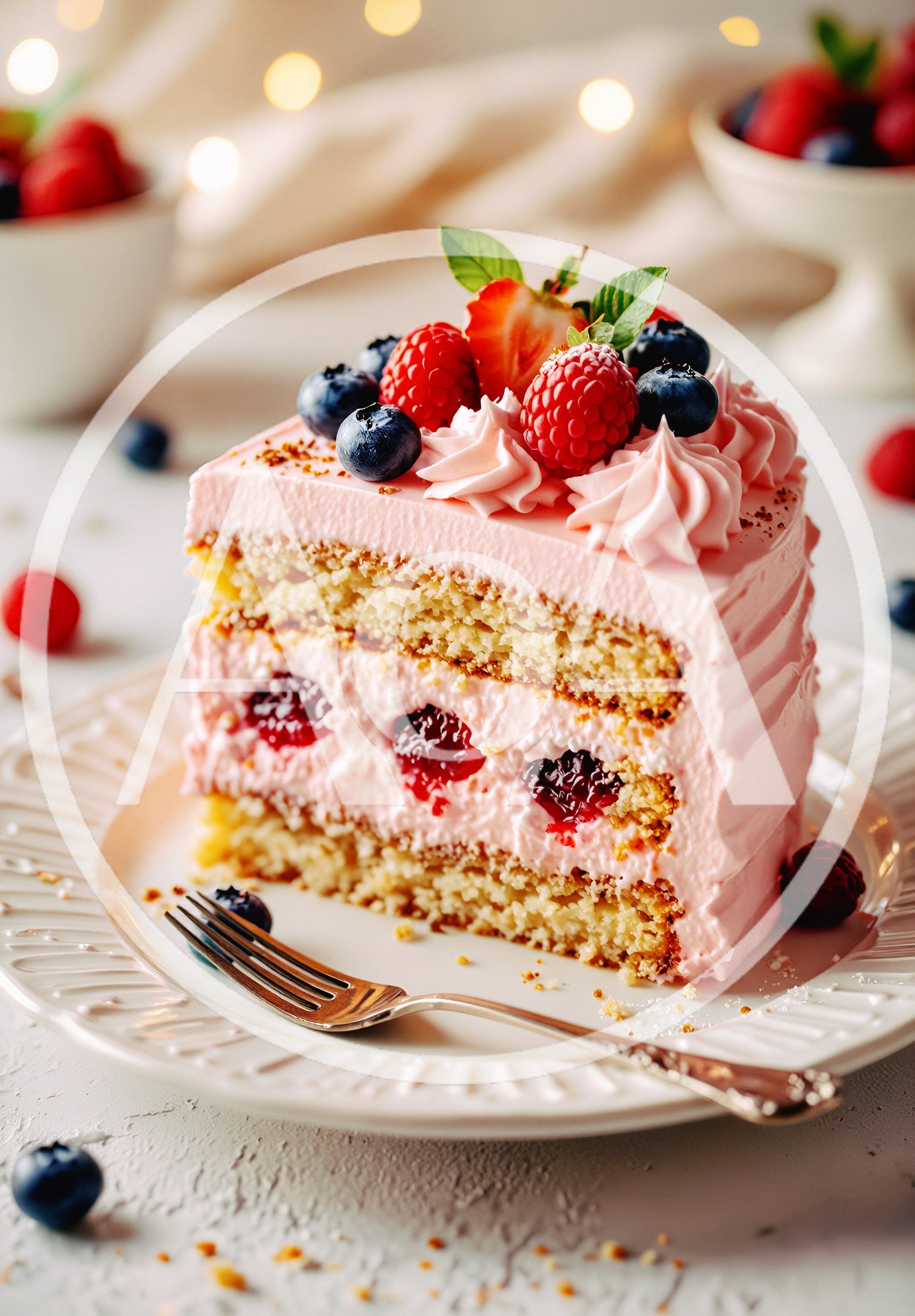 Slice Of Pink Berry Layer Cake On Plate