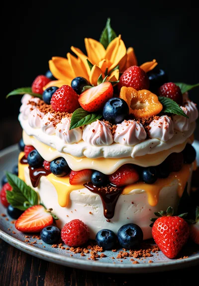 Gourmet Layered Fruit Cake With Chocolate Drizzle